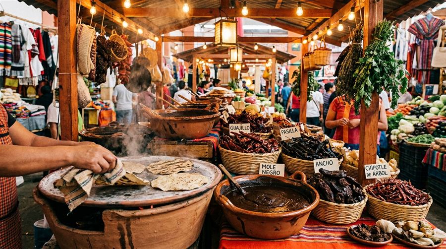 Oaxacan food market stall with tlayudas on the grill