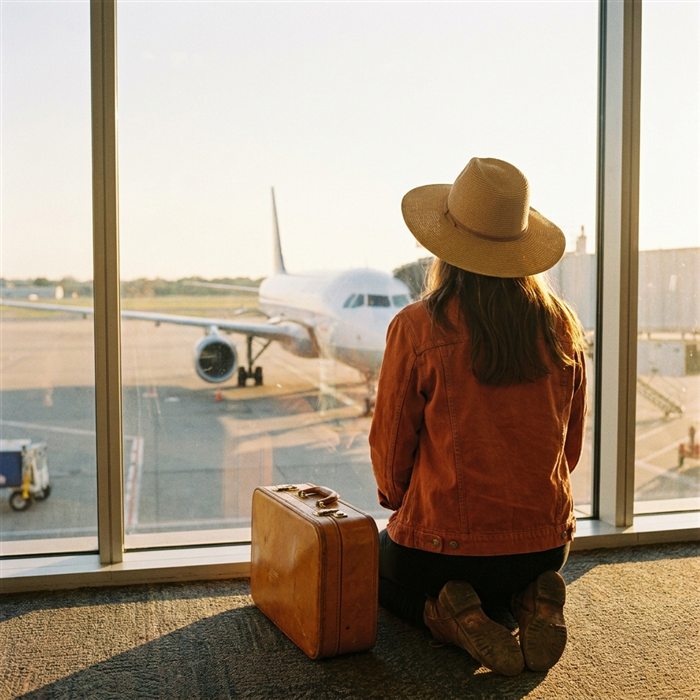 Maya at an airport gate window at sunset, straw hat on, suitcase beside her